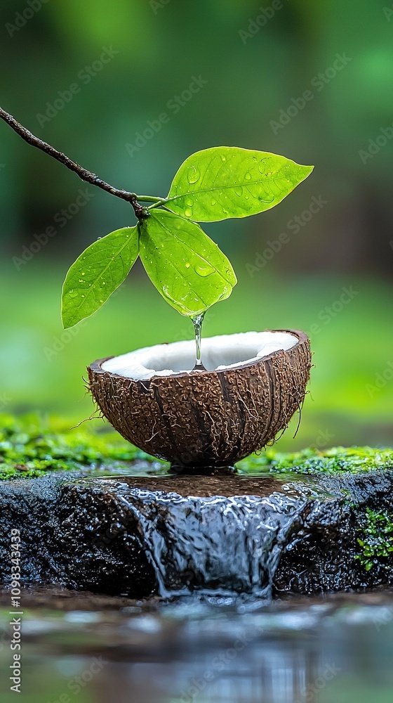 Poster a close-up of a bowl containing a plant in it, floating on water with a tree branch extending from t