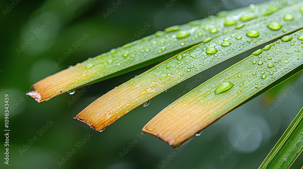 Poster a detailed image of a green leaf with raindrops on it against a hazy background