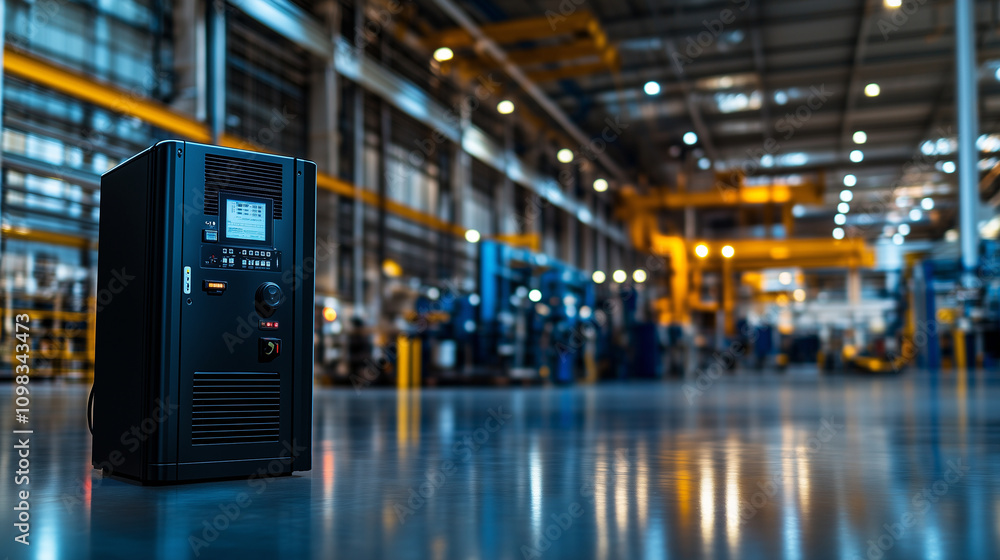 Poster a smart industrial air compressor system with iot-enabled features, displayed in the middle of a sop
