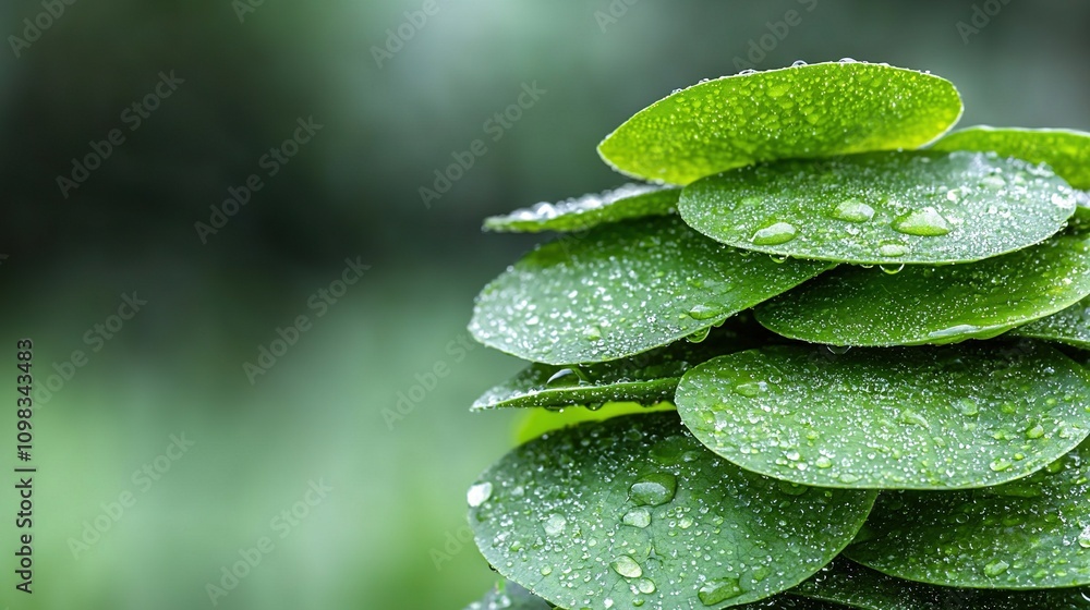 Poster a sharp image of a green plant with droplets on its leaves against a hazy green backdrop