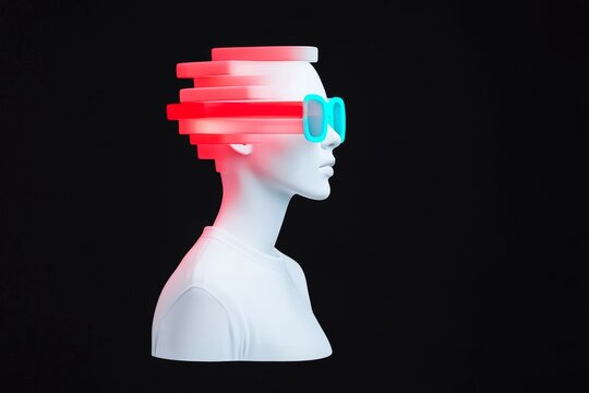 A black-and-white depiction of a psychopathic girl with paranoid mental disorders, featuring a 3D glitch virtual reality effect.