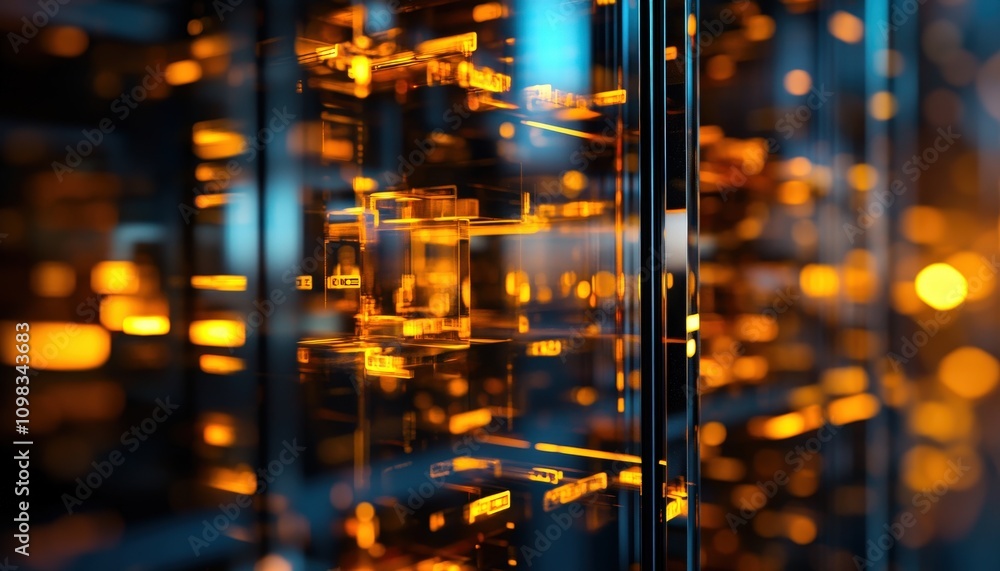 Aufkleber close-up of illuminated data servers showcasing intricate technology elements.