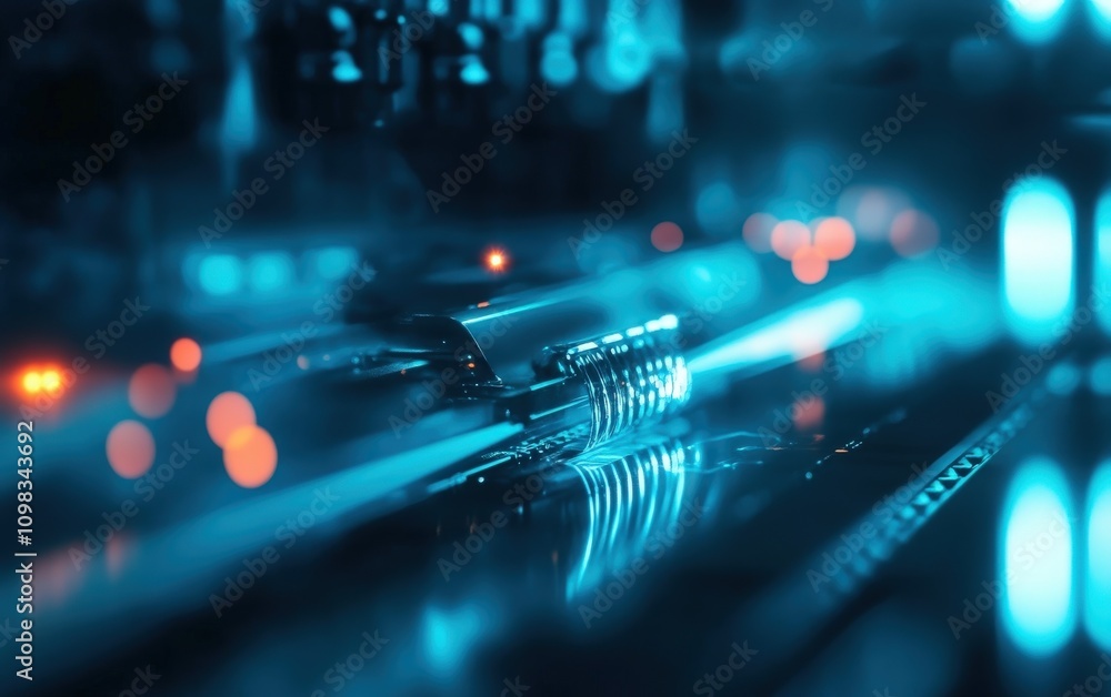 Poster close-up of illuminated data cables in a futuristic digital environment.