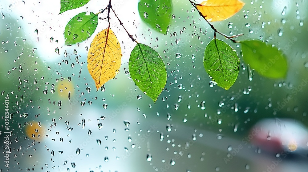 Poster a close-up shot of a raindrop-laden window pane and a green leaf dangling from a twig