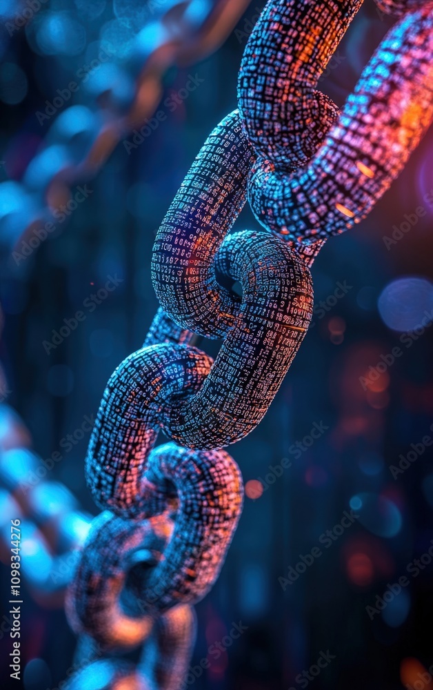 Poster close-up view of a blockchain, showcasing digital links and vibrant colors.