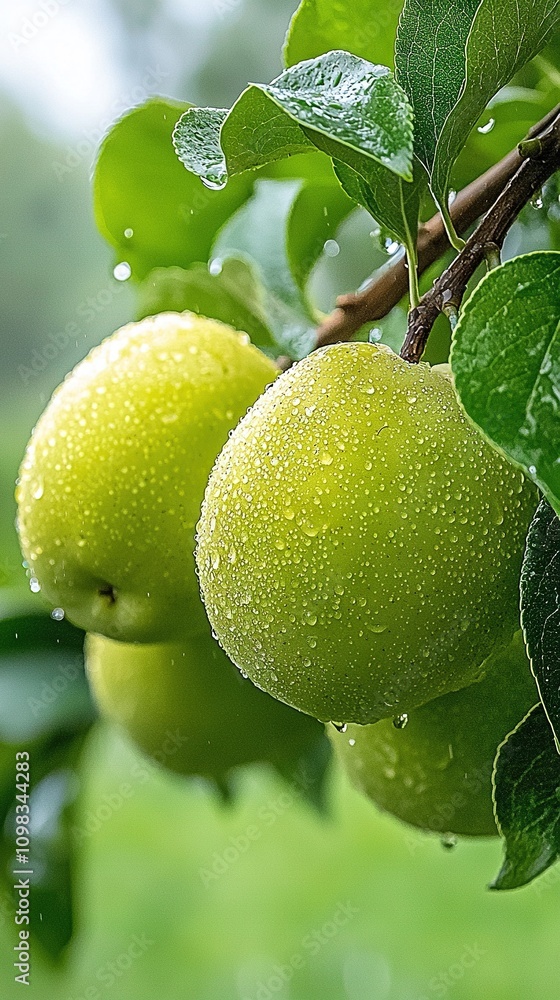 Poster two green apples hang from a tree branch with water droplets on leaves and a green field in backgrou