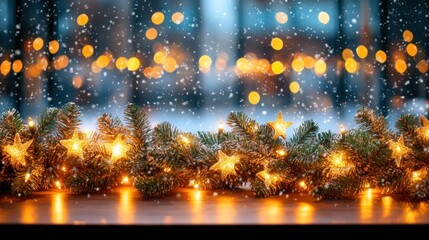 Fototapeta premium Evergreen branches with fairy lights and stars against a snowy and bokeh background.