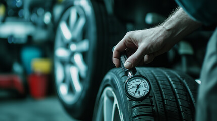 A close-up of a tire pressure gauge connected to a vehicleâs tire, the mechanicâs hand firmly holding the tool, with a backdrop of various automotive tools.