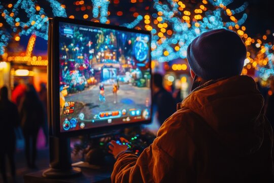 Player engaging in a mini-game at a festival with mini-game UI and score tracker, captured using standard lens on festive lighting, with copy space