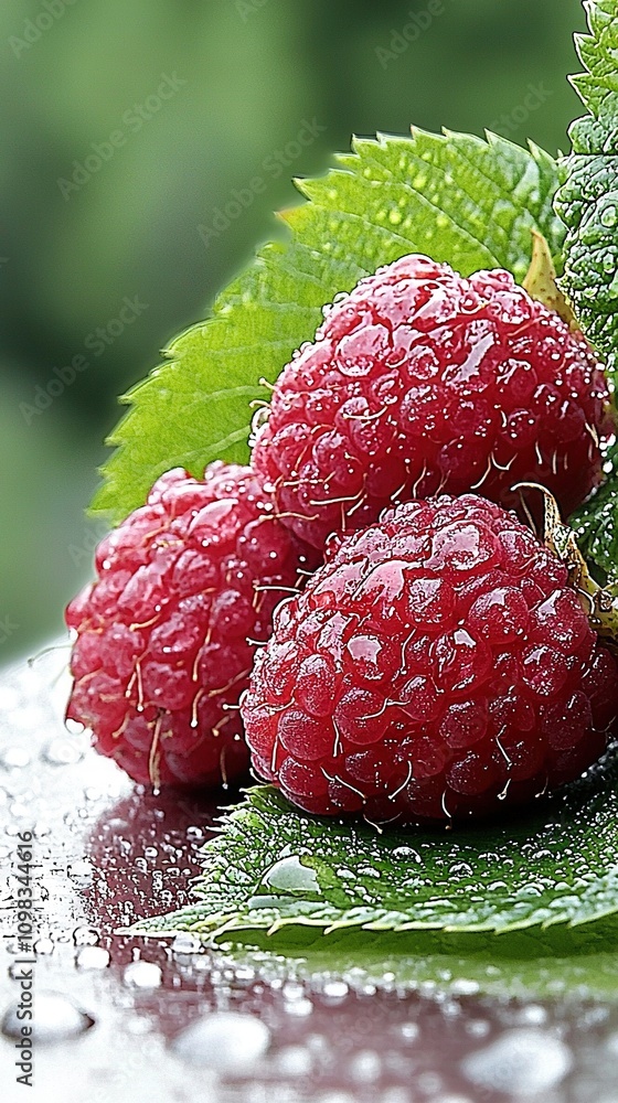 Poster a table with a cluster of raspberries on it, surrounded by raindrops and a green leaf