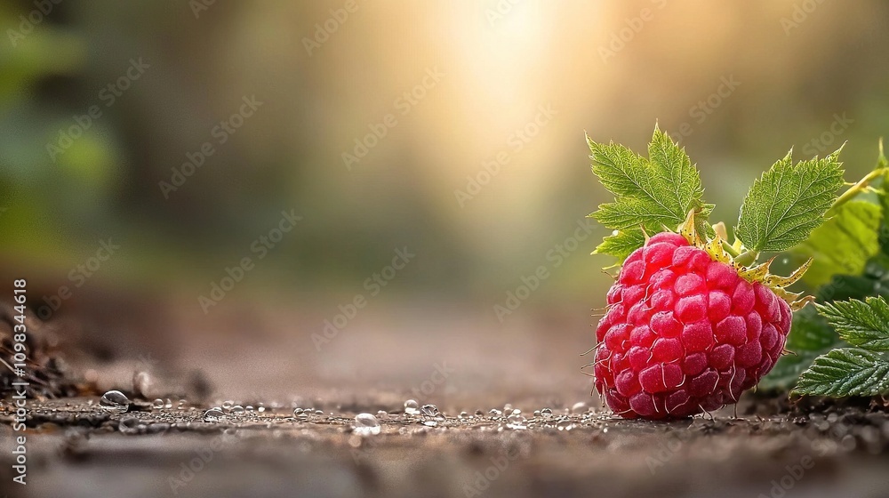 Poster a macro shot of a red raspberry resting on the ground and a green leaf in the background