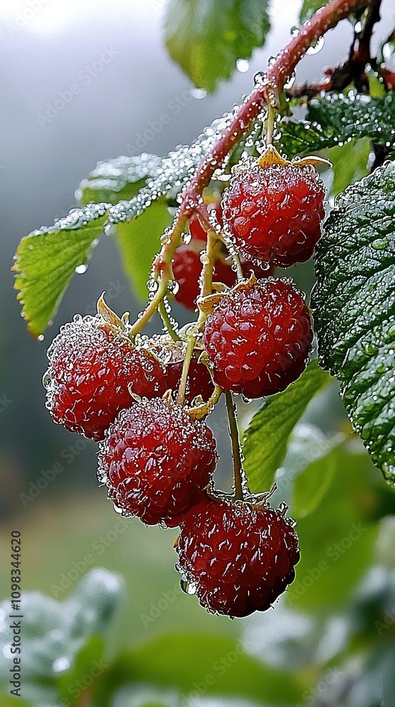 Poster a macro shot of a cluster of berries hanging from a twig, with droplets of water trickling down the 