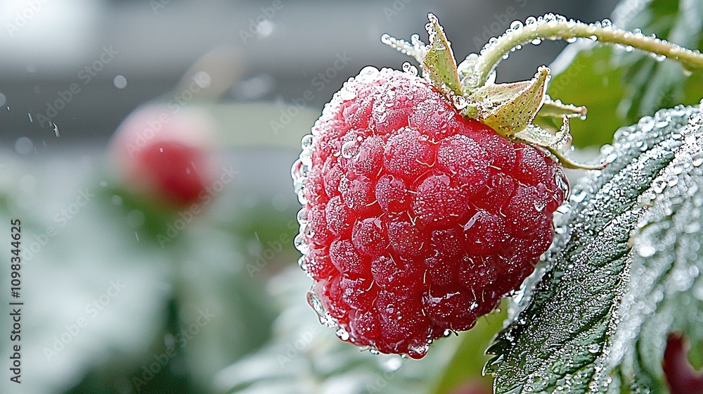 Poster raspberry close-up on leaf with water droplets and building in background