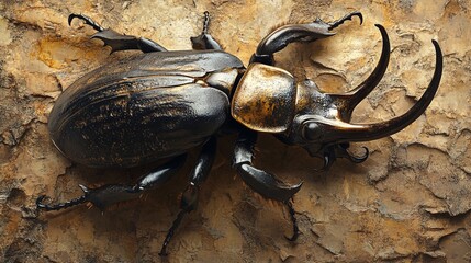 Majestic Rhinoceros Beetle on Rough Bark Surface in Natural Habitat
