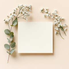 Wedding Invitation Mockup with Eucalyptus and Gypsophila on Beige
