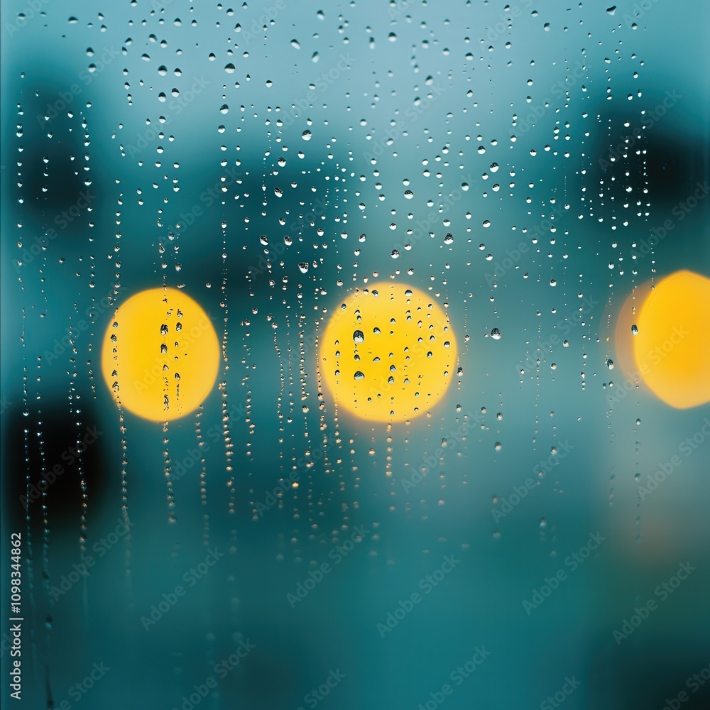Aufkleber close-up view of raindrops on a window with blurred lights in the background.