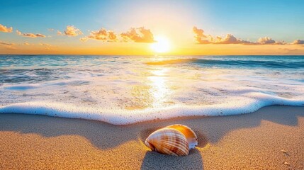 Obraz premium A hyper-realistic shot of waves gently lapping onto a sandy shore, with individual grains of sand and shells captured in exquisite clarity