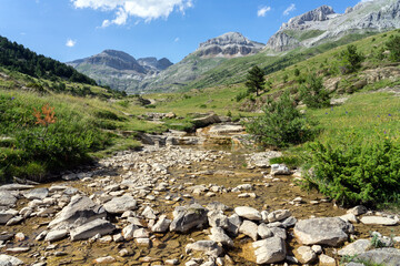 Aisa valley mountains at sunset in the occidental pyrenees valleys in the north of Spain. Huesca,...