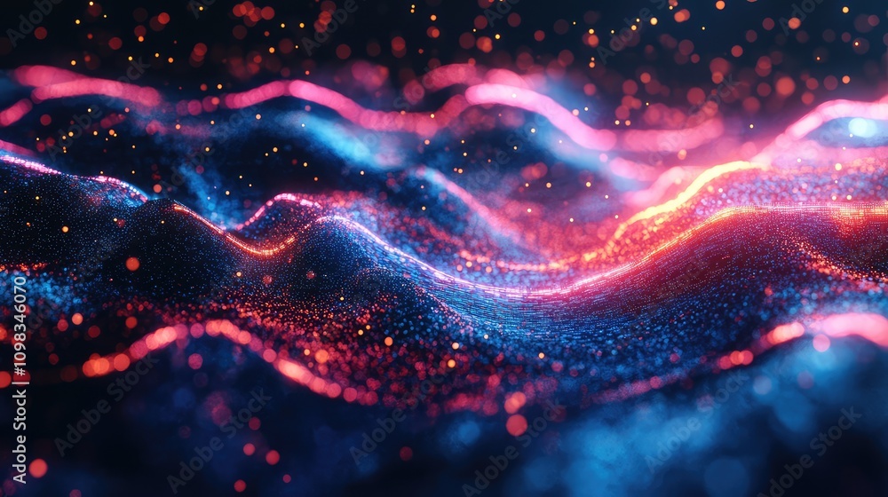 Poster bright pulse wave pattern with neon edges, simulating a futuristic data stream on a dark, textured b