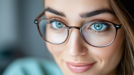Fototapeta premium Confident and Professionally Dressed Female Corporate Headshot with Smiling Expression Beautiful Blonde Woman in Eyeglasses Posing for a Professional Headshot in a Corporate Office or Studio Setting