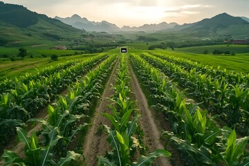 Fototapeta premium Aerial Perspective of a Sprawling Smart Farm with Rows of Corn Plants at Various Growth Stages Interspersed with Monitoring Stations Relaying Remote Sensor Data