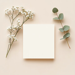 Wedding Invitation Mockup with Eucalyptus and Gypsophila on Beige
