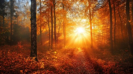 Fototapeta premium Sunbeams Illuminating a Path Through a Foggy Autumn Forest