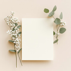 Wedding Invitation Mockup with Eucalyptus and Gypsophila on Beige
