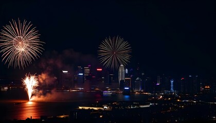 Fireworks over a city night.