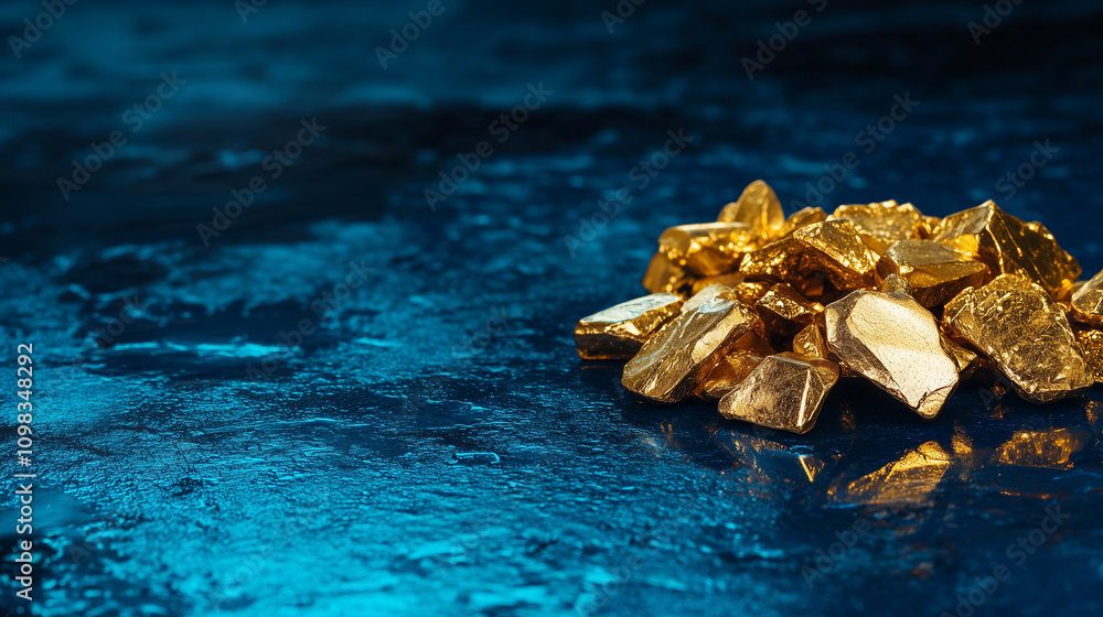 Poster a glowing heap of gold nuggets on a textured cobalt blue surface, the complementary colors adding a 