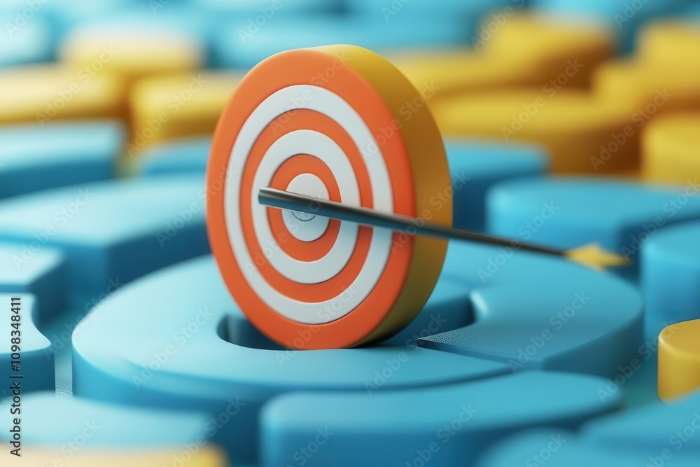 Poster a colorful target with an arrow in the center surrounded by blue and yellow shapes, symbolizing focu