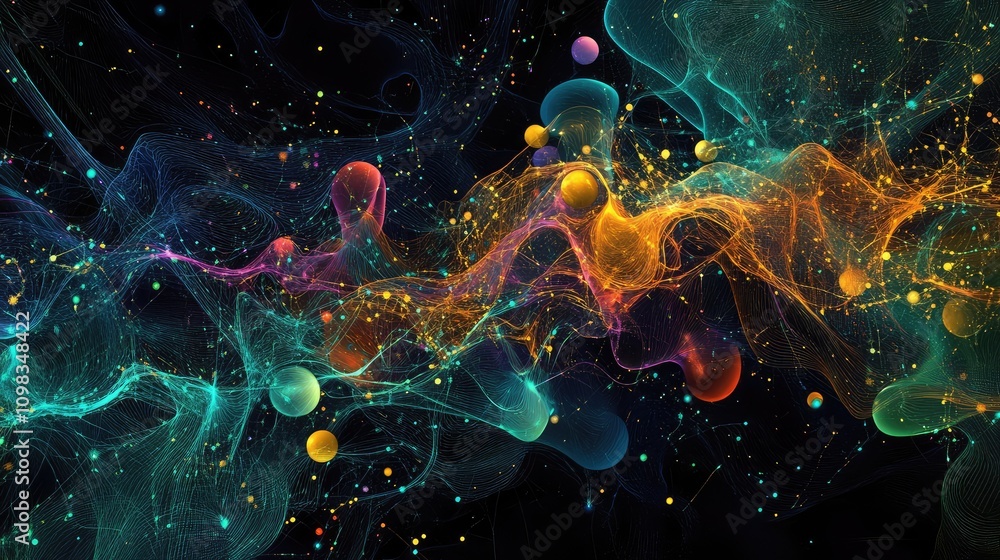 Poster brightly colored, connected nodes in a dynamic, flowing data map, giving a sense of real-time moveme
