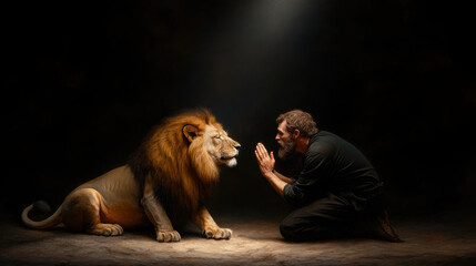 An illustration of the Daniel thrown into the lions den praying to God․
