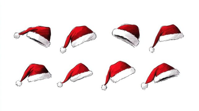 Red Santa Claus Hat Collection - Festive Seasonal Design Pattern on White Background