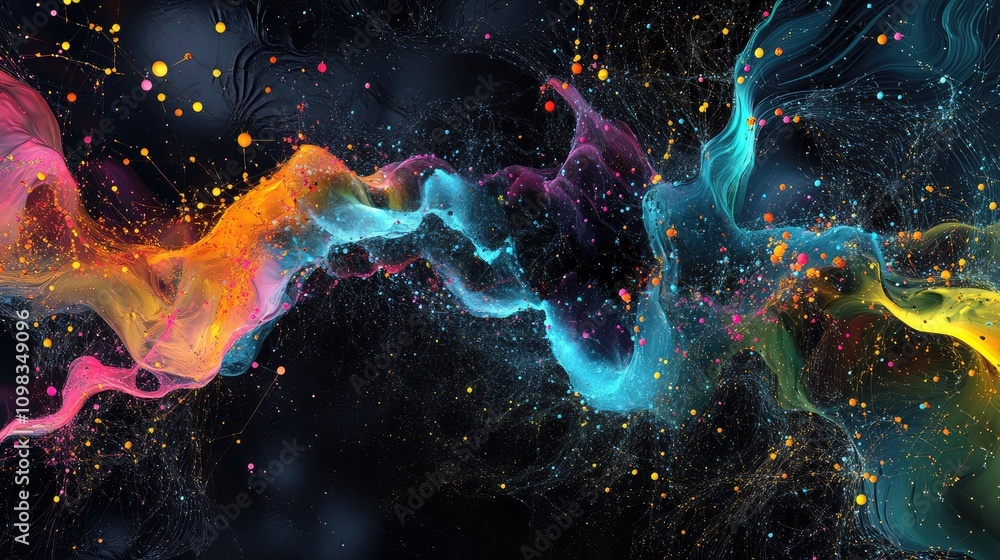 Poster brightly colored, connected nodes in a dynamic, flowing data map, giving a sense of real-time moveme