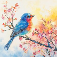 Obraz premium Colorful Bird Perched on Blossoming Branch