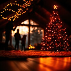 Obraz premium Cozy Christmas scene with a beautifully decorated tree and enchanting lights.