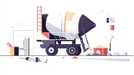 Construction Site Illustration: Concrete Mixer Truck and Tools