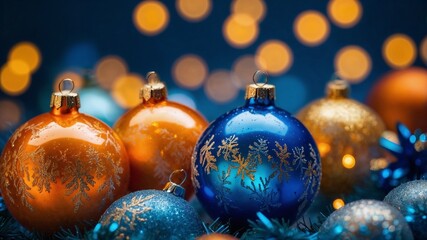 Christmas baubles in blue, orange, and gold with glitter snowflake details, surrounded by evergreen branches and warm bokeh lights, perfect for festive and seasonal decorations.