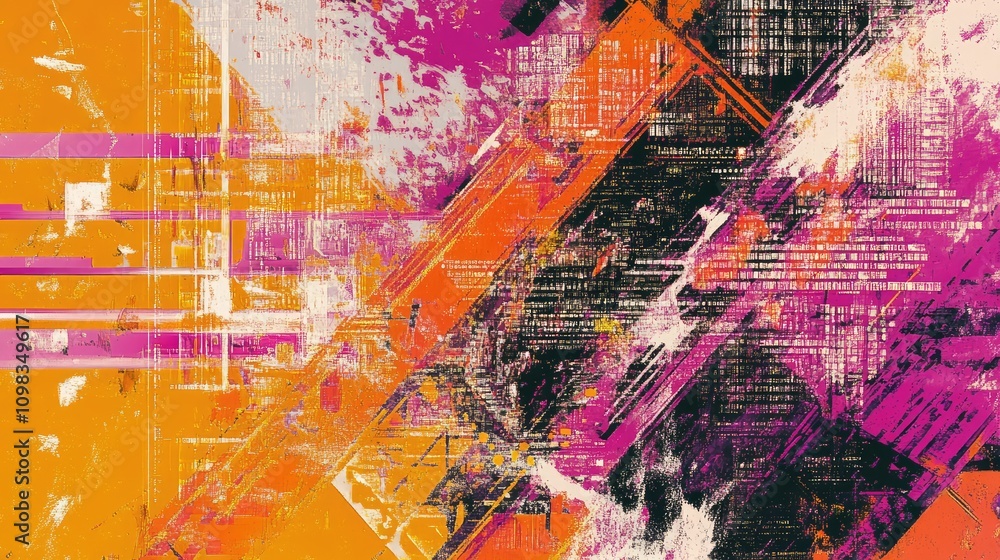 Poster broken data stream, with overlapping layers of distorted text and geometric shapes in neon hues