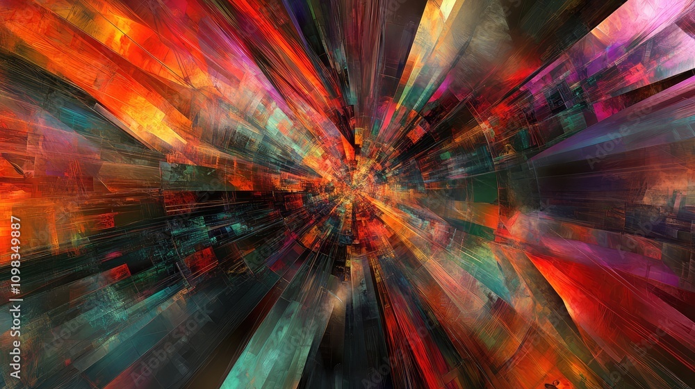 Poster broken digital data pieces, radiating with electric colors, creating an abstract geometric compositi