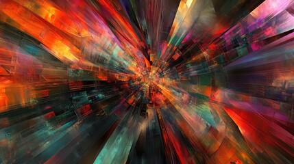 Broken digital data pieces, radiating with electric colors, creating an abstract geometric composition