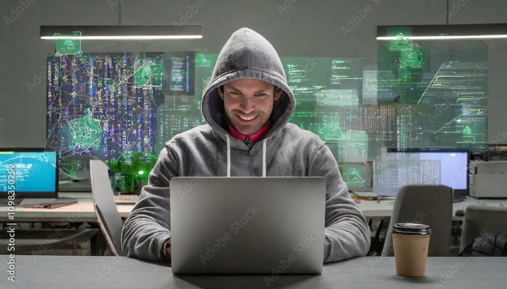 Poster cybercriminal hacker in a dark room using a computer to commit digital crimes: anonymity, threats, a