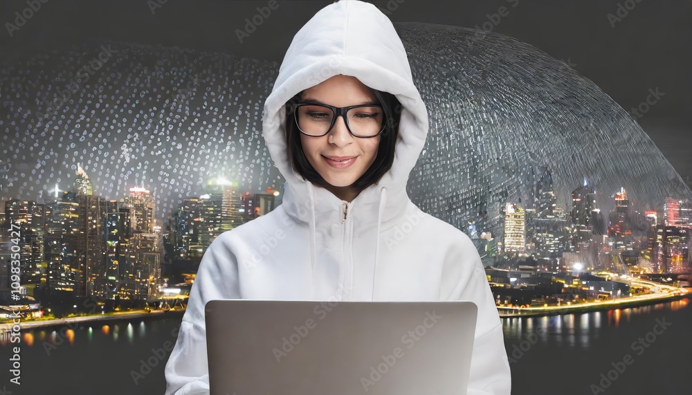 Poster male hacker in a hoodie typing on a laptop, isolated on a transparent background. perfect for cybers