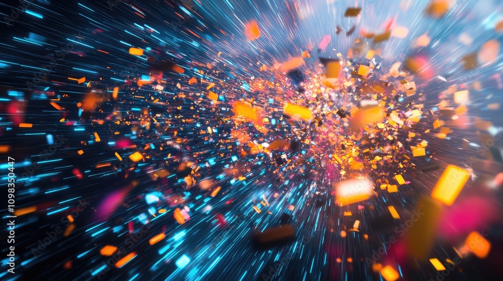 Aufkleber broken digital shards scattering across the scene, with glowing edges and vibrant trails of data par