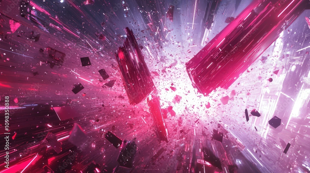 Poster broken digital shards scattering across the scene, with glowing edges and vibrant trails of data par