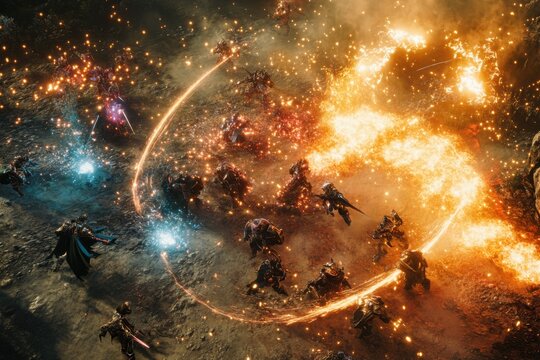 PvP battleground with two factions clashing with detailed character models and battle UI, captured using zoom lens on chaotic spell effect lighting, with copy space