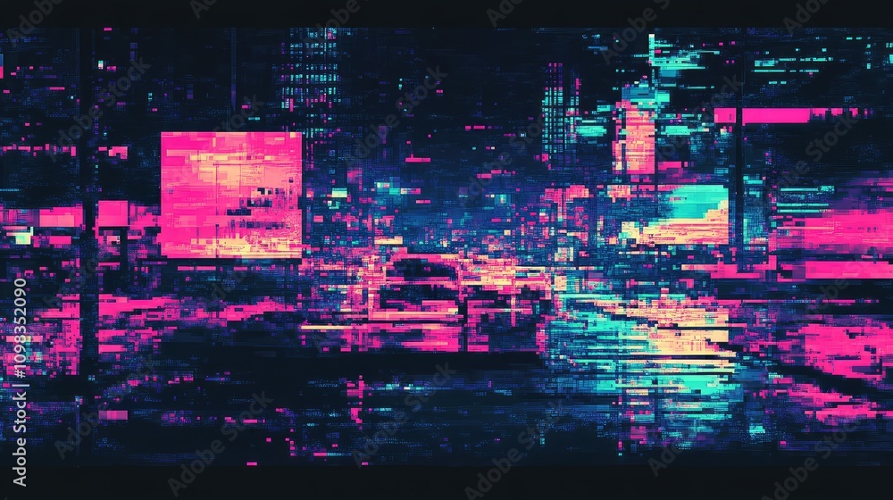 Poster broken pixel layers with static and flickering neon colors, creating a retro-glitch vibe
