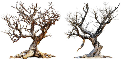 A desert tree with stunted and twisted branches weathered by the elements isolated on white and transparent background