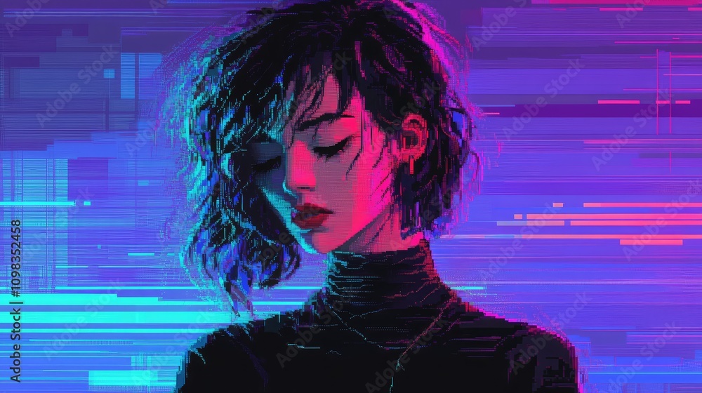 Poster broken pixel layers with static and flickering neon colors, creating a retro-glitch vibe